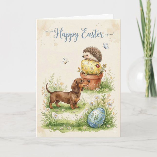 Spring Dachshund and Hedgehog Easter Scene Card (Front)