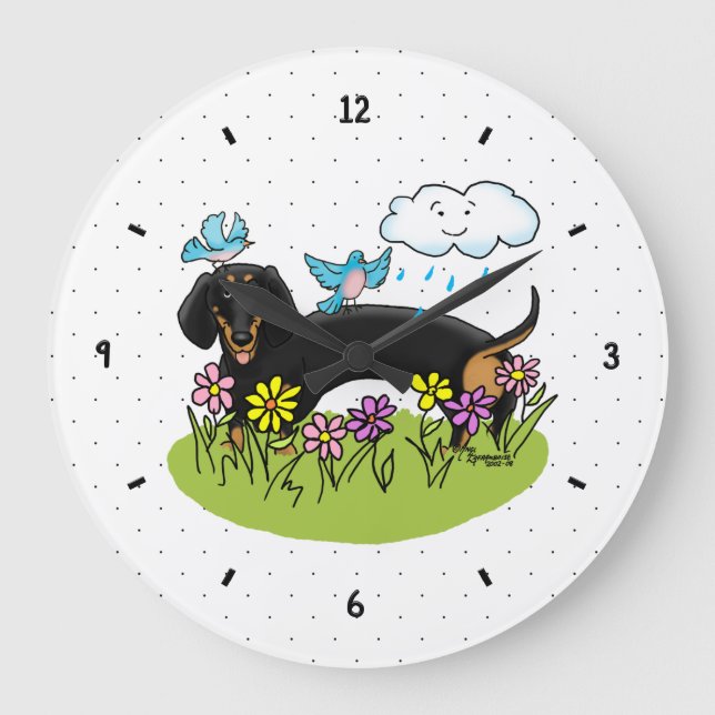 Spring Dachshund (black and tan) Cute dog Large Clock (Front)