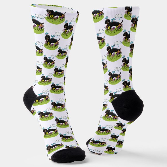 Spring Dachshund Dog Dachsie (black and tan) Cute Socks (Angled)