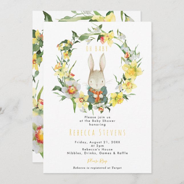 spring daffodil bunny baby shower invitation (Front/Back)