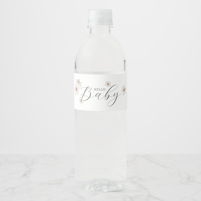 Spring Daffodil Hello Baby Script Enclosure Card Water Bottle Label (Front)