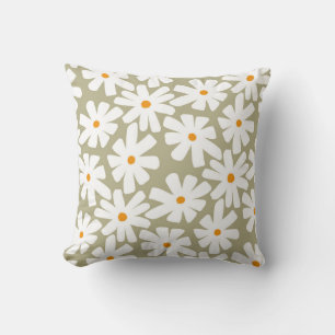 Spring daisies floral retro pattern sage green cushion