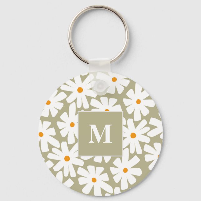 Spring daisies floral retro pattern sage green  key ring (Front)