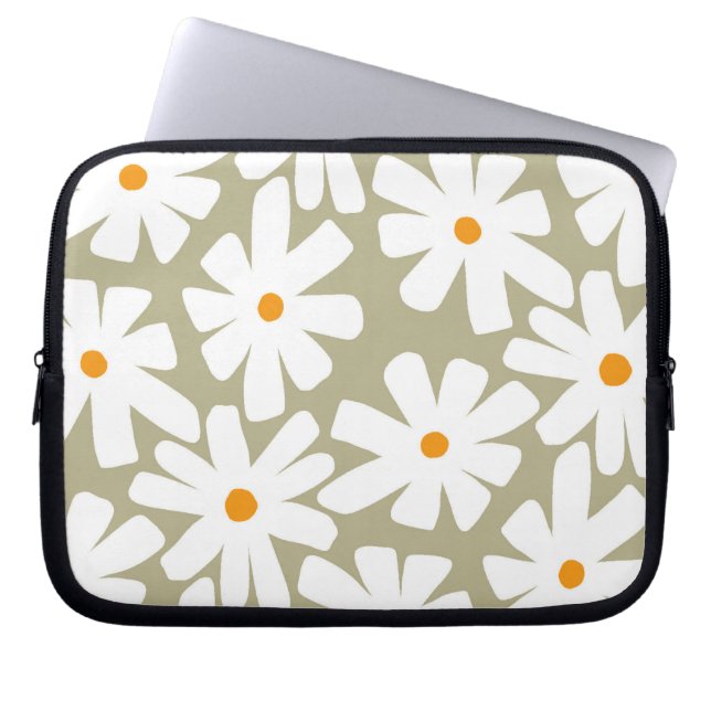 Spring daisies floral retro pattern sage green laptop sleeve (Front)