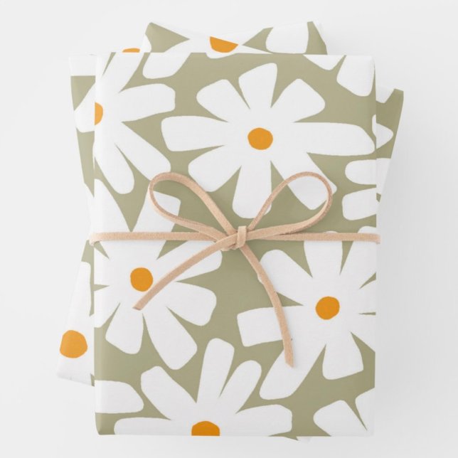 Spring daisies floral retro pattern sage green wrapping paper sheet (Creator Uploaded)