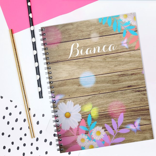 Spring Daisies Foliage and Butterflies on Wood Notebook (Creator Uploaded)