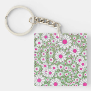 Spring Daisies White Pink Green Key Ring