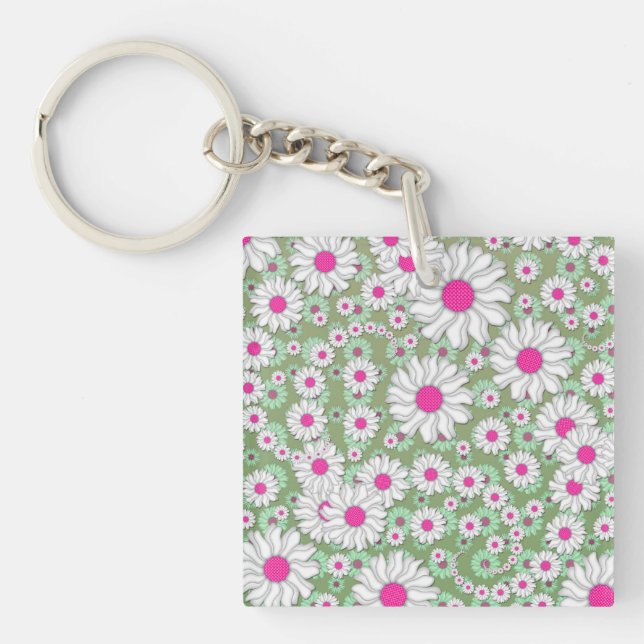 Spring Daisies White Pink Green Key Ring (Front)