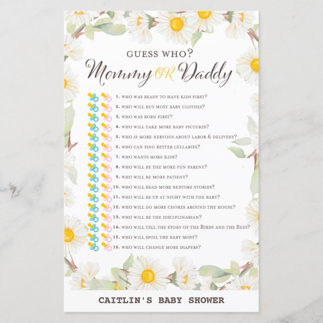Spring Daisy Flower Baby Shower Game (Front)