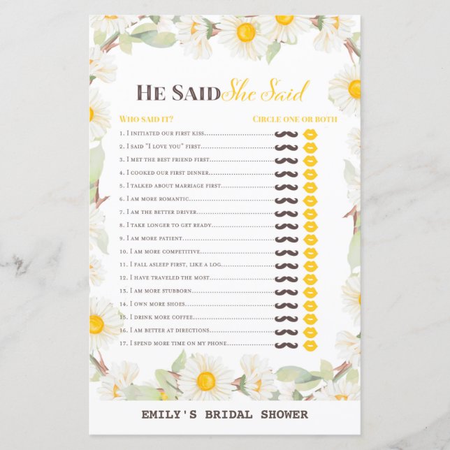 Spring Daisy Flower Bridal Shower Game PRINTED (Front)