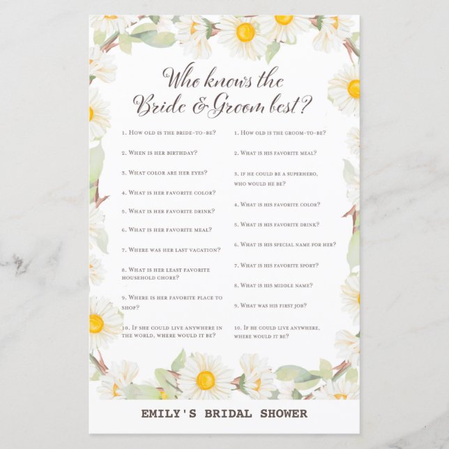 Spring Daisy Flower Bridal Shower Game PRINTED (Front)
