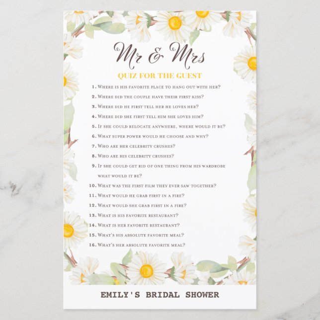 Spring Daisy Flower Bridal Shower Game PRINTED (Front)
