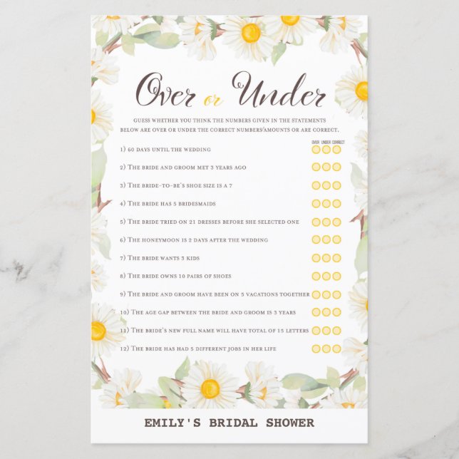 Spring Daisy Flower Bridal Shower Game PRINTED (Front)