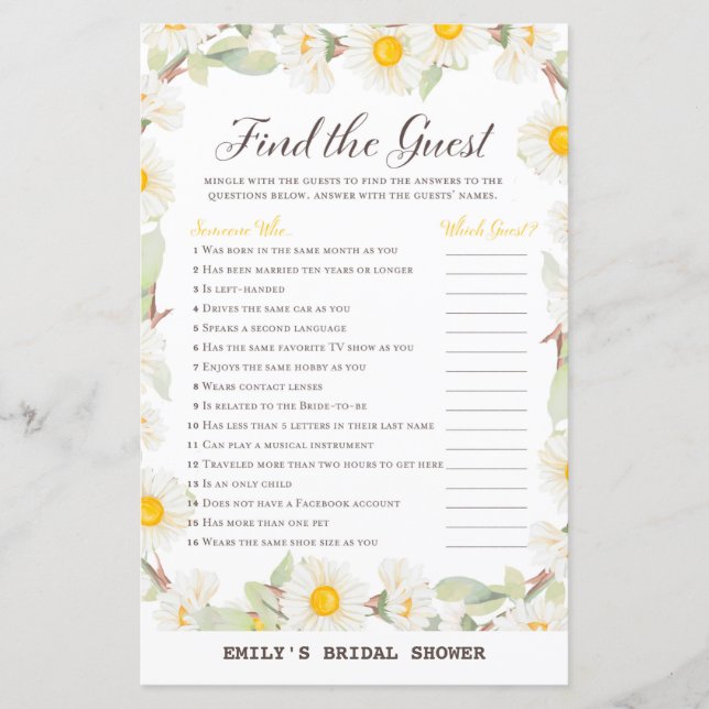 Spring Daisy Flower Bridal Shower Game PRINTED (Front)