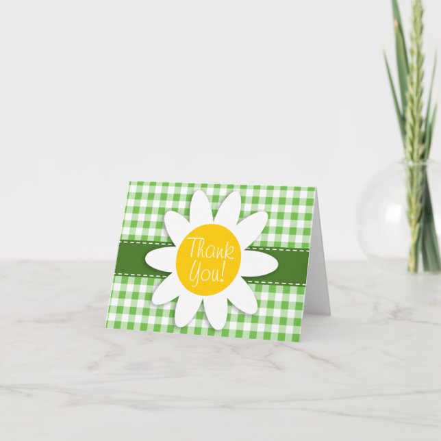 Spring Daisy; Green Chequered; Gingham Thank You Card (Front)