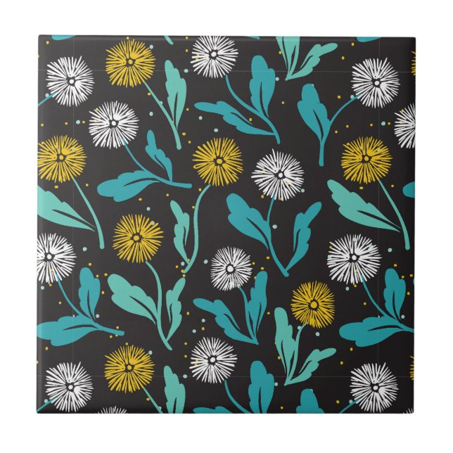 Spring Dandelion Flowers and Leaves Design Ceramic Tile (Front)