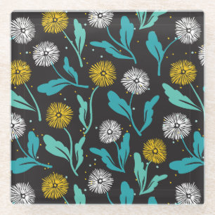 Spring Dandelion Flowers and Leaves Design Glass Coaster