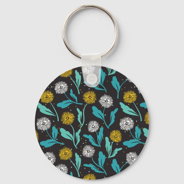 Spring Dandelion Flowers and Leaves Design Key Ring (Front)