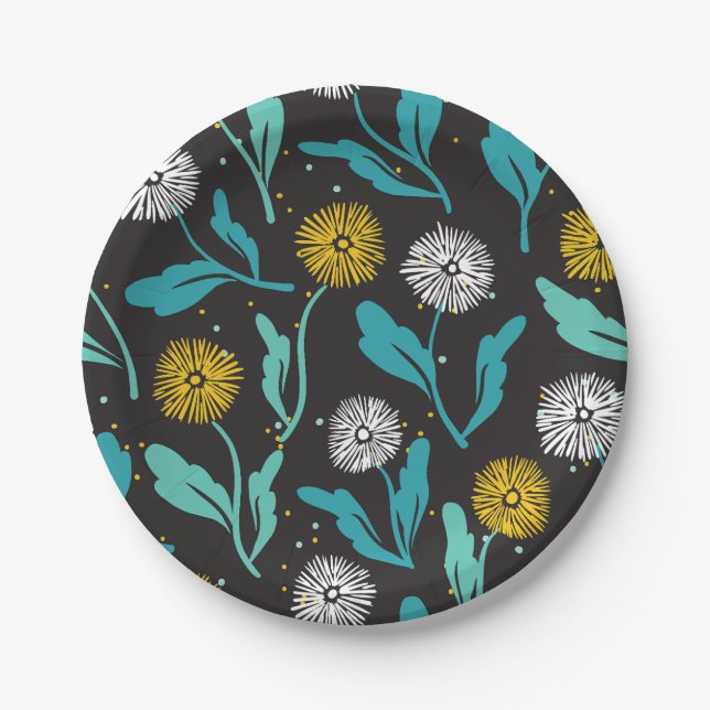 Spring Dandelion Flowers and Leaves Design Paper Plate (Front)