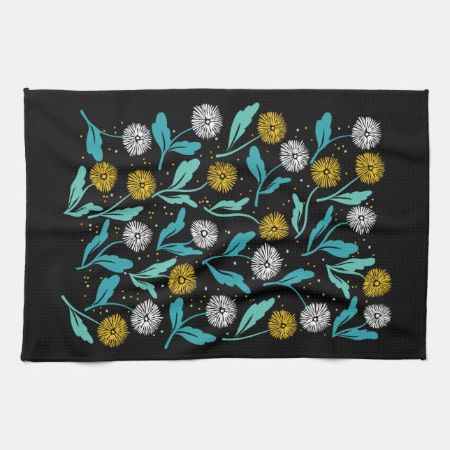 Spring Dandelion Flowers and Leaves Design Tea Towel (Horizontal)
