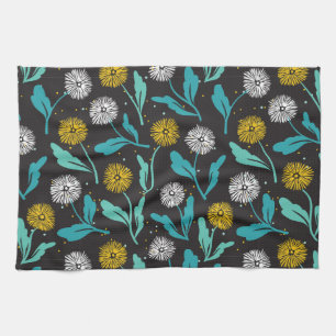 Spring Dandelion Flowers and Leaves Design Tea Towel