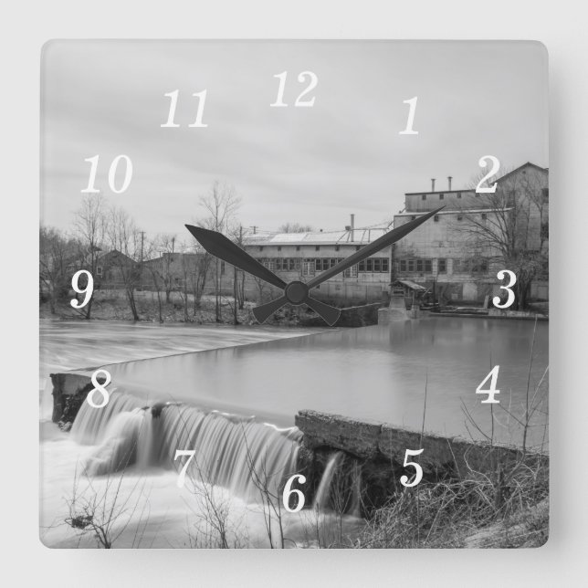Spring Day At Ozark Mill Grayscale Wall Clock (Front)
