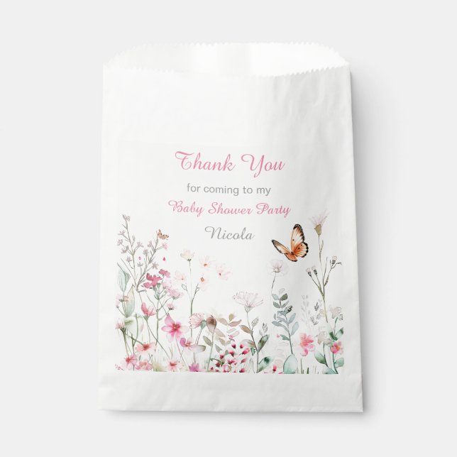 Spring Deep Pink Butterfly Floral Baby Shower Favour Bag (Front)