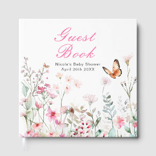 Spring Deep Pink Butterfly Floral Baby Shower Guest Book