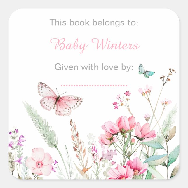 Spring Deep Pink Butterfly Floral Baby Shower Square Sticker (Front)