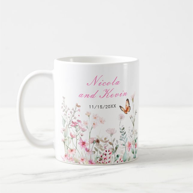 Spring Deep Pink Butterfly Floral Wedding Coffee Mug (Left)