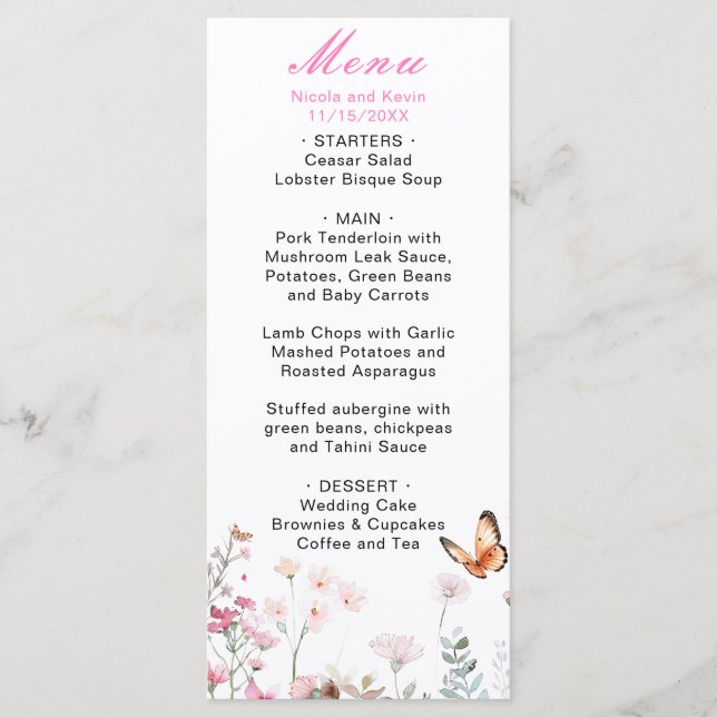 Spring Deep Pink Butterfly Floral Wedding Menu (Front)