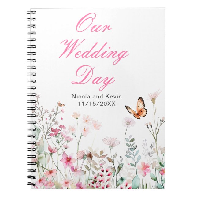 Spring Deep Pink Butterfly Floral Wedding Notebook (Front)