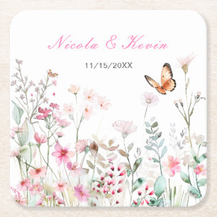 Spring deep Pink Butterfly Floral Wedding Square Paper Coaster