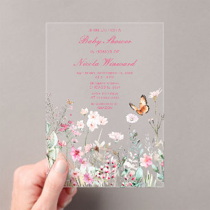 Spring Deep pink Floral Baby Shower Acrylic Invitations