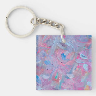Spring Dream Floral Acrylic Square Key Chain. Key Ring