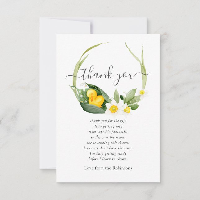 Spring Duckling Lilly of the Valley Baby Shower Thank You Card (Front)