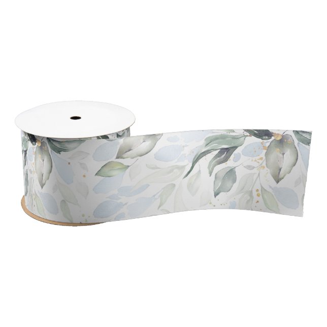 Spring Dusty Blue Greenery Foliage Elegant White Satin Ribbon (Spool)
