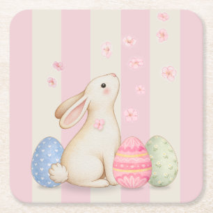 Spring Easter Bunny & Eggs Stripe Square Paper Co Coaster