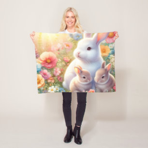 Spring Easter Bunny Family Floral Garden Fleece Blanket