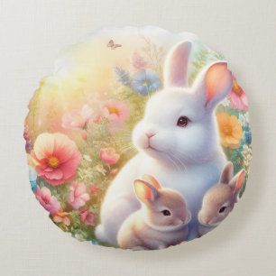 Spring Easter Bunny Family Floral Garden Round Cushion
