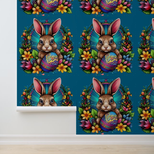 Spring Easter Bunny Floral Textured Wallpaper (Application)