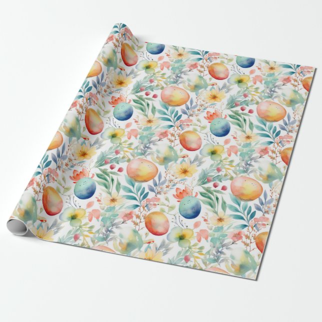 Spring Easter Eggs Floral Wrapping Paper (Unrolled)