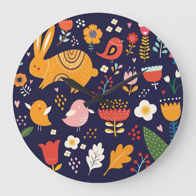 Spring Easter: flowers, bunnies collection Large Clock (Front)