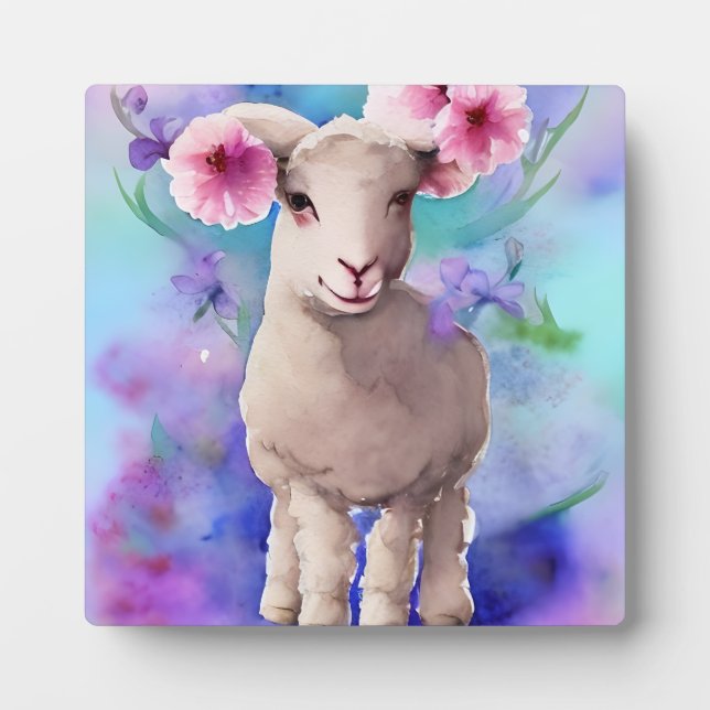 Spring Easter Lamb Floral Watercolor Plaque (Front)