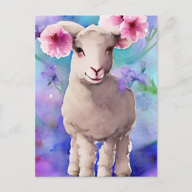 Spring Easter Lamb Floral Watercolor Postcard (Front)