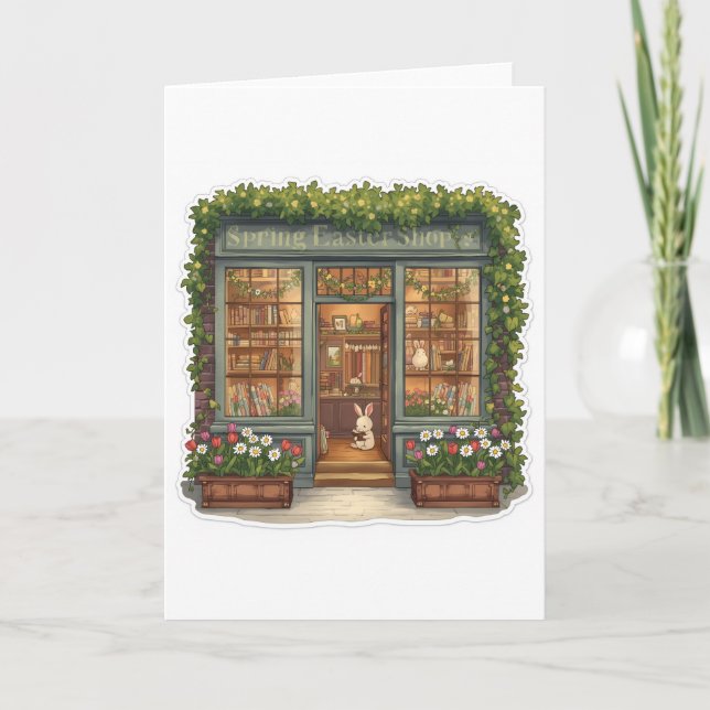 Spring Easter Shop with Cute Reading Bunny Card (Front)