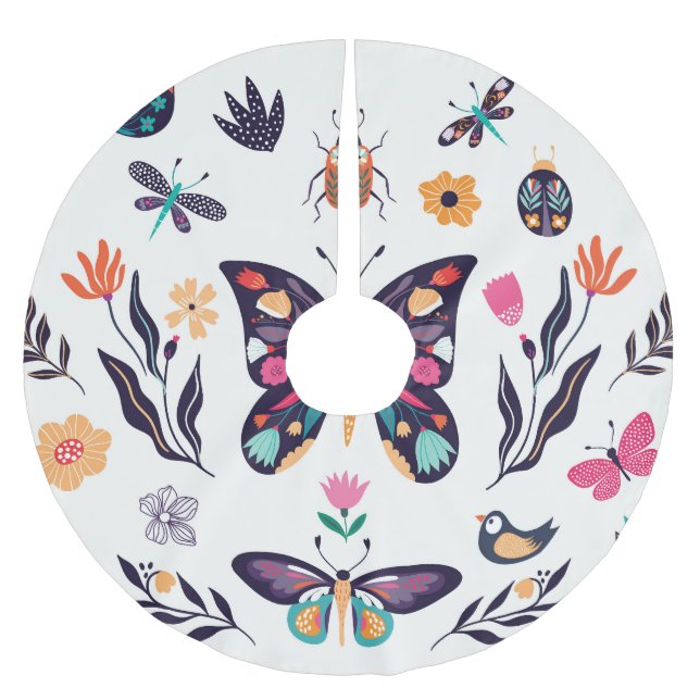 Spring Elements Butterflies Birds Flowers Brushed Polyester Tree Skirt (Front)
