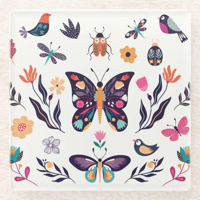 Spring Elements Butterflies Birds Flowers Glass Coaster (Front)