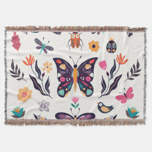 Spring Elements Butterflies Birds Flowers Throw Blanket