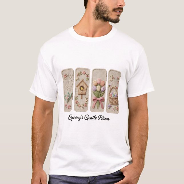 Spring Embroidery Pastel Panel Art T-Shirt (Front)